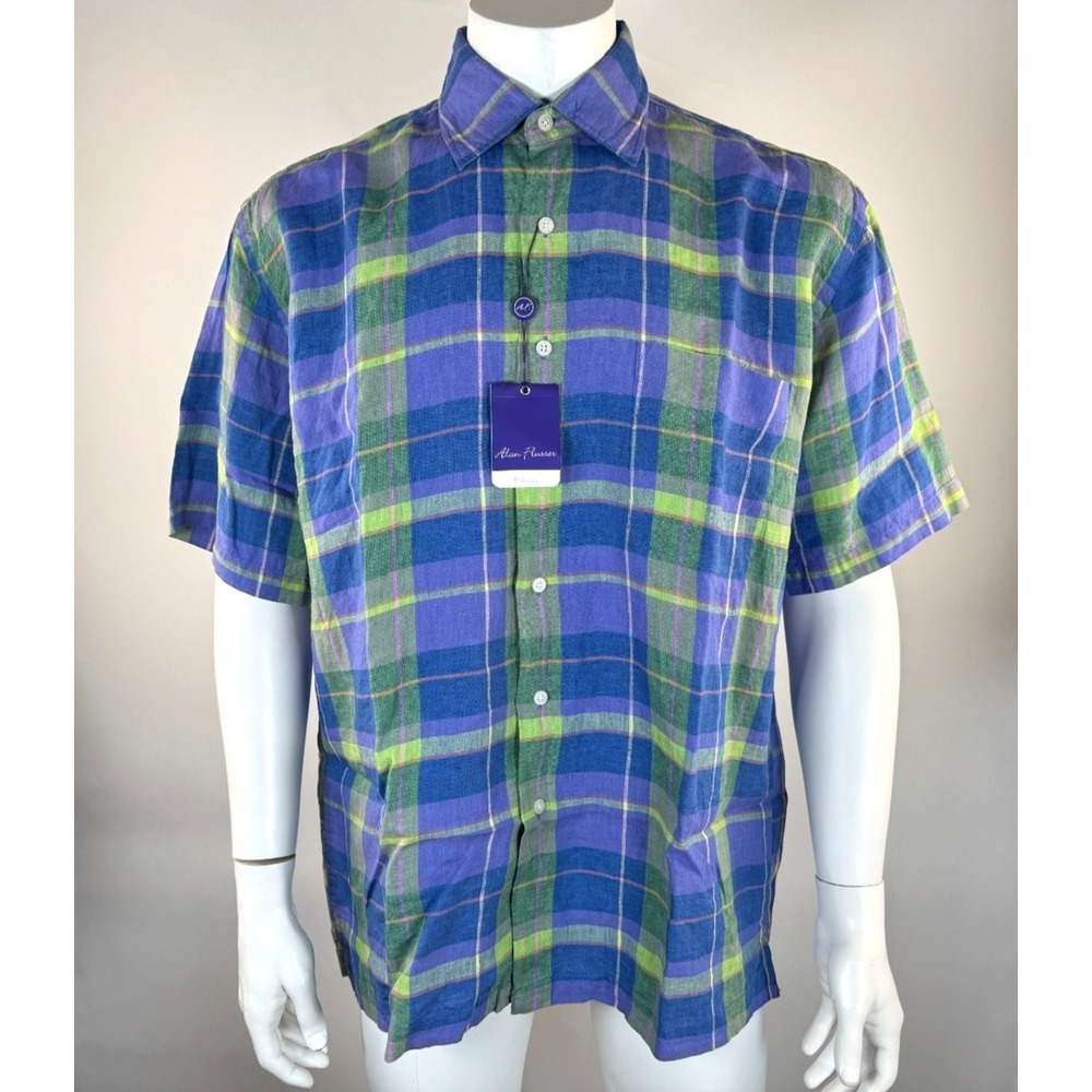 Allan Flusser Linen Shirt Mens L NWT Short Sleeve Plaid Button-up Collared Top